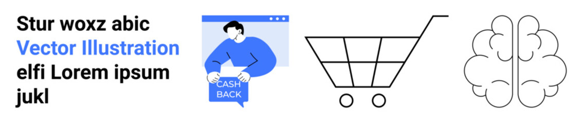 Cashback notification with a person holding a phone, geometric shopping cart, and minimalistic brain illustration. Ideal for e-commerce, education, marketing, finance, health, technology, psychology