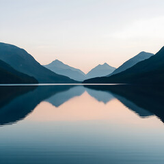 Fototapeta premium Mountain Reflection: A serene and ethereal landscape unfolds as majestic mountains stand tall against a soft, pastel sky, their reflection mirrored perfectly on a still, glassy lake.
