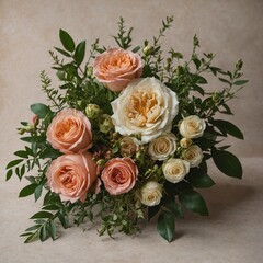 "An asymmetrical bouquet of azaleas, roses, and greenery styled for a boho aesthetic on a bright background.""