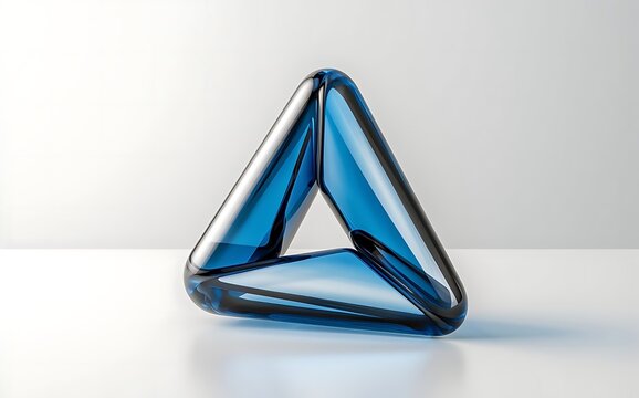 Triangle blue glass shape. Polygon glossy transparent element isolated on white background