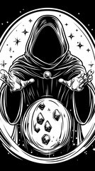 Hooded Figure Conjures Polyhedral Dice in a Mystical Orb, Embracing the Magic.