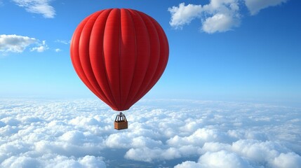 Fototapeta premium A vibrant red hot air balloon ascends above a breathtaking sea of clouds