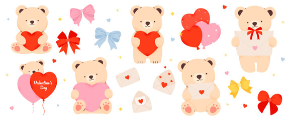 Set of cute bears with elements for Valentine's Day. Bears holding red and pink hearts, envelopes, vector illustration isolated on white background