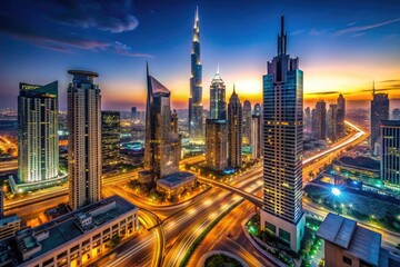 Witness Dubai's majestic skyline transition from sun-drenched day to vibrant, illuminated night.  Aerial timelapse view.