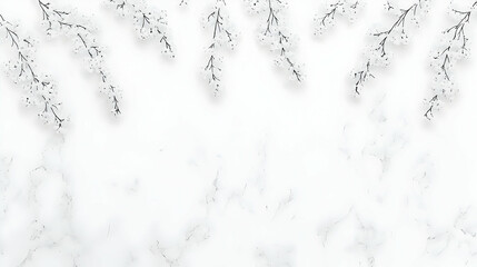 White flowers branches arranged on white marble texture background gracefully and beautifully.