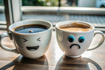 Both coffee cups with opposite emotional , happy day with smiling and unhappy concept. Which one do yo want?