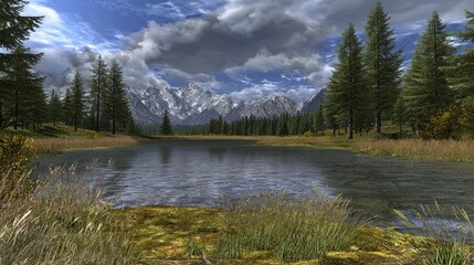 Serene mountain lake reflecting cloudscape, autumn