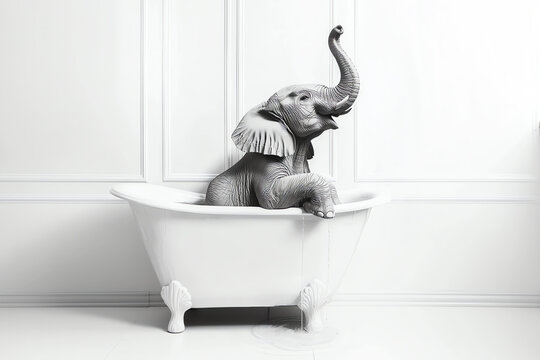 elephant sitting in a bathtub, playing with water, AI generated