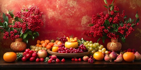 Table is covered with a variety of fruits and flowers, creating a colorful