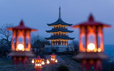 Fototapeta premium Illuminated pagoda at dusk, lanterns in foreground. (1)