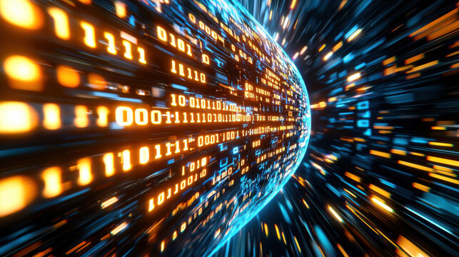 Digital binary code flowing in dynamic, futuristic environment