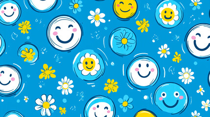 90s-style blue cartoon graphic design pattern featuring, multiple smiley faces, and flower icons