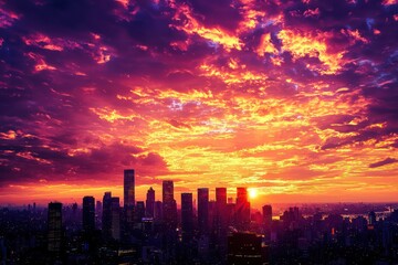 Sunset city skyline with vibrant orange and purple hues