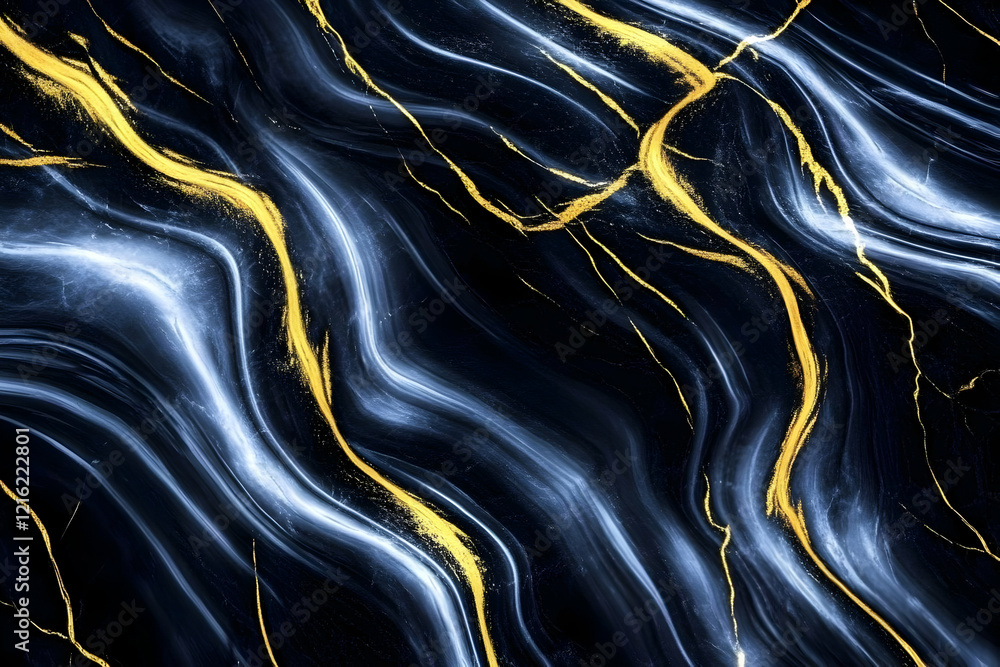 Poster abstract background flows with gold and blue waves elegantly across a dark canvas.