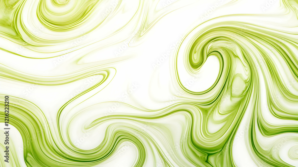 Poster abstract green swirls blend seamlessly with white background, creating a dynamic and elegant visual.