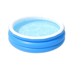 A blue and white inflatable pool filled with water and isolated against a black background.