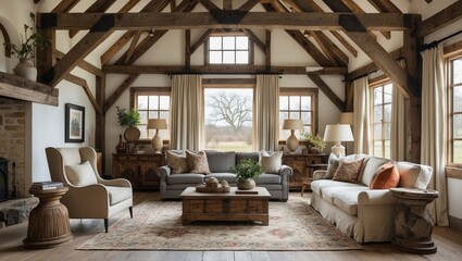 Fototapeta premium Cozy rustic living room with wooden beams and warm tones.