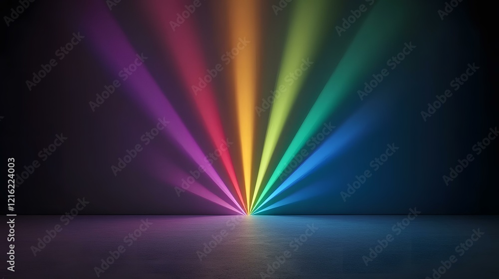 Poster the image contains a dark room with a floor and wall. from a central point on the floor, multicolore