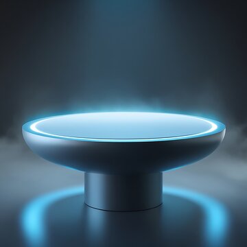 Glowing blue empty matel podium with spotlight on dark background 