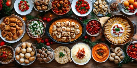 Fototapeta premium Table full of food with a variety of dishes including a large bowl of rice