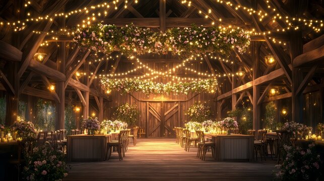 Romantic rustic barn wedding reception venue with enchanting string lights
