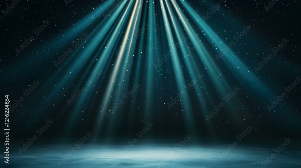 Poster the image shows a dark teal background with multiple beams of light emanating from the top, resembli