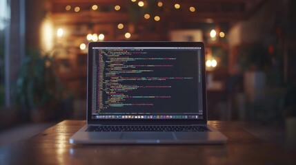 Laptop displaying code in a cozy, illuminated workspace