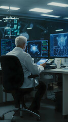 Medical Professional Analyzes Complex Data on Multiple Screens in Futuristic Lab Setting.