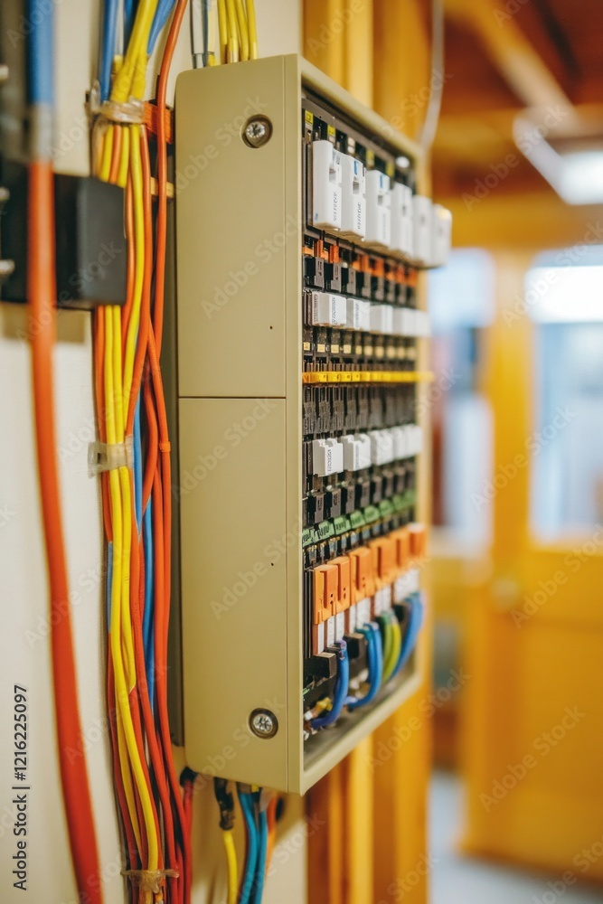 Poster electrical panel with colorful wires showing circuit breakers and switches