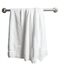 White bath towel hanging on a silver towel rack. (1)
