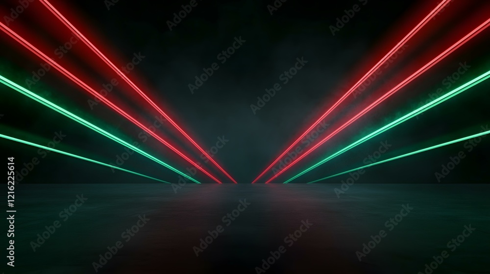 Poster the image contains a dark, empty space illuminated by intersecting red and green neon lights converg