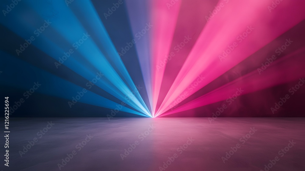 Poster the image shows a dark room with a floor reflecting vibrant pink and blue laser beams emanating from
