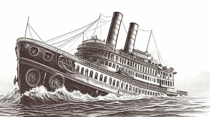 Vintage Steamship Navigates Through Rough Seas Towards Distant Cityscape with Detailed Illustration