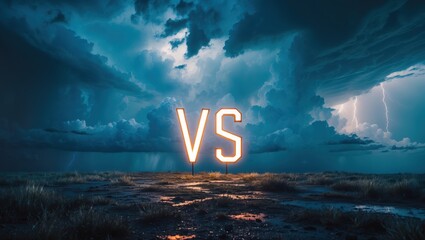 Neon 'VS' Sign: Tension and Anticipation in a Stormy Landscape versus, vs,