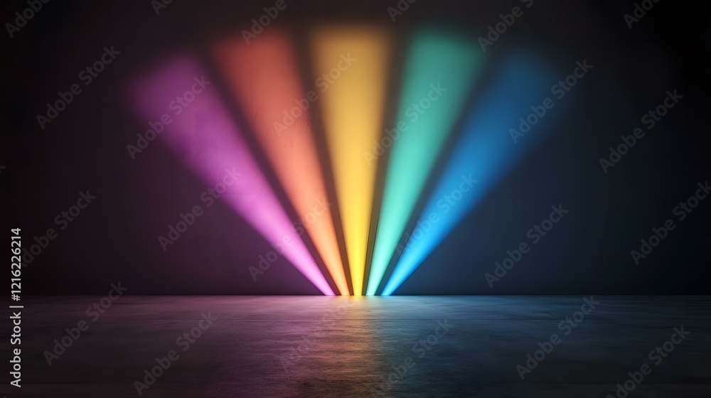 Poster a dark room features a floor reflecting multicolored lights that fan out from a central point on the