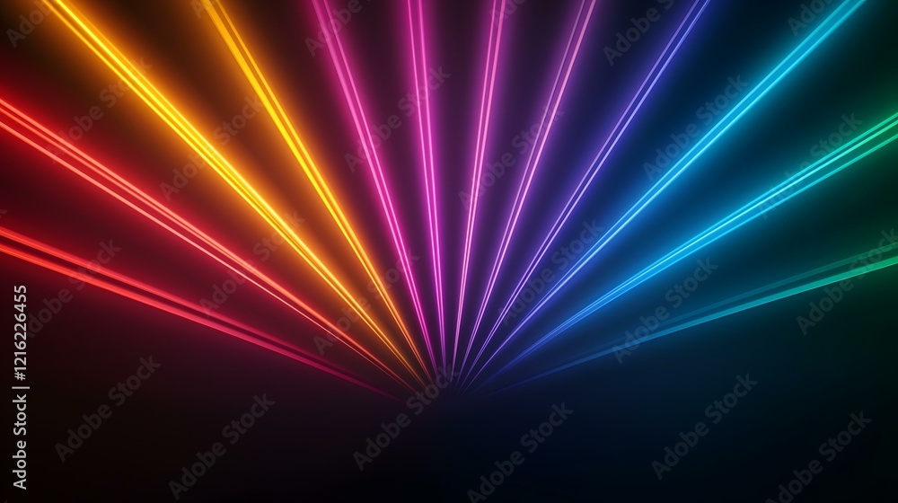 Poster the image contains a series of vibrant, multicolored neon lines radiating outwards from a central po