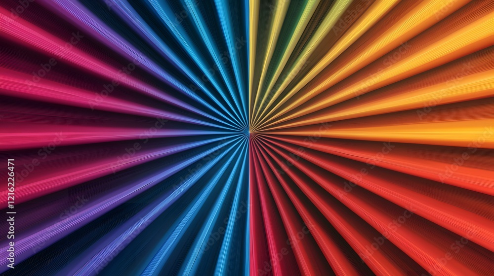 Poster the image contains a vibrant abstract design of radiating lines in a spectrum of colors, ranging fro