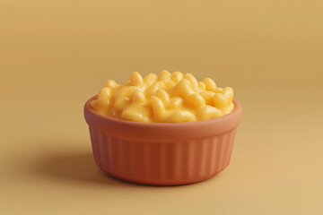 3d rendering macaroni and cheese in pastel background, Selective focus mac and cheese bowl in cartoon 3d style.