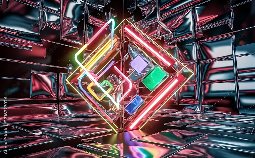 Aufkleber glass neon block and lines abstract background. vector shiny lights with geometric transparent lines