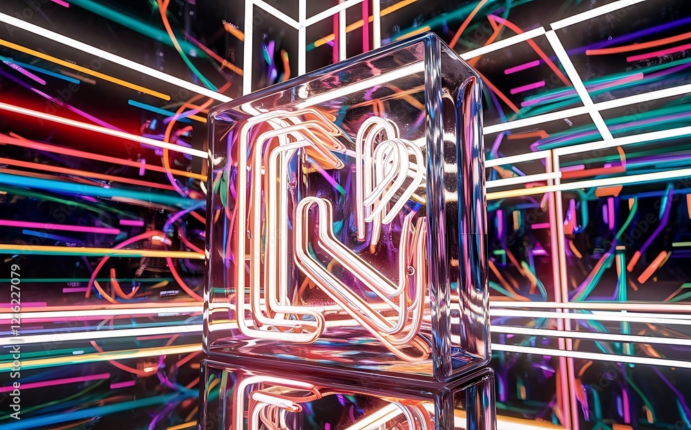 Poster glass neon block and lines abstract background. vector shiny lights with geometric transparent lines