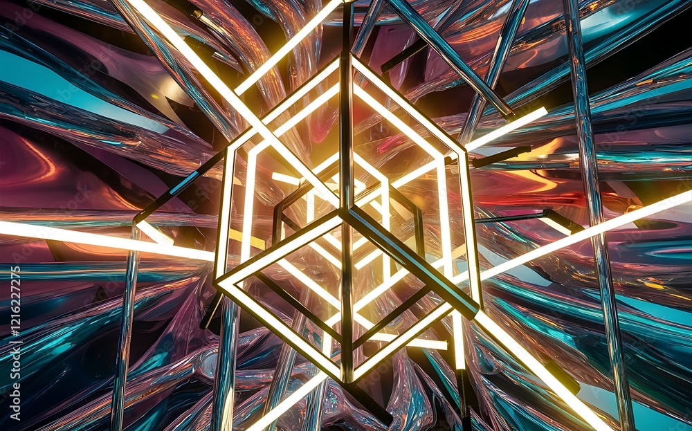 Poster glass neon block and lines abstract background. vector shiny lights with geometric transparent lines