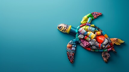 Environmental awareness art installation featuring colorful turtle made of recycled materials studio setting creative concept