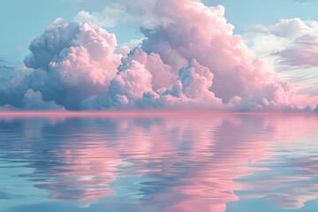 Pink and blue clouds reflecting in the ocean, beautiful, calm, dreamy, with soft colors, peaceful. 