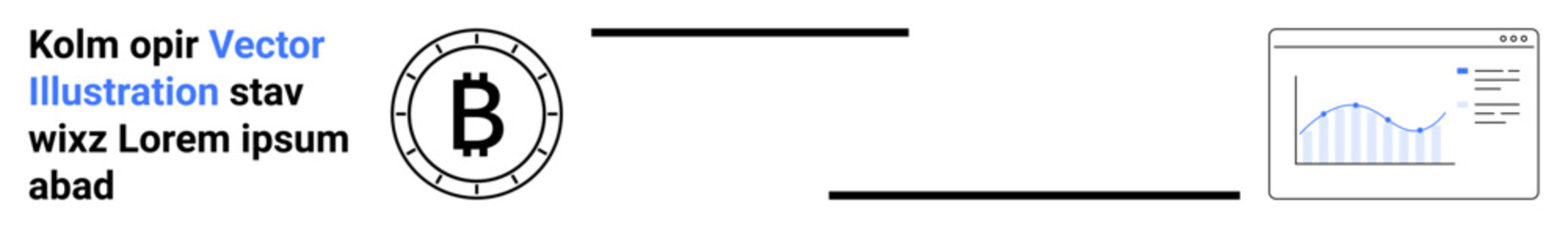 Bitcoin symbol, text placeholder, and growth chart connected by lines. Ideal for finance, cryptocurrency, data analysis, trends, marketing, strategy, technology Landing page
