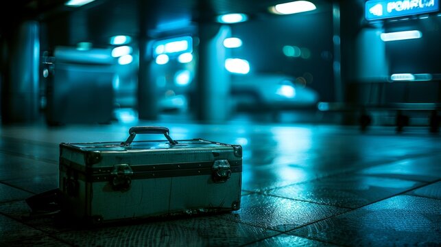 Blurred airplane and suitcase imagery in professional blues and greys for travel text overlays