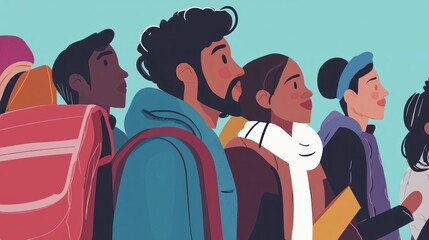 Diverse Group of People Standing Together in a Colorful Illustration