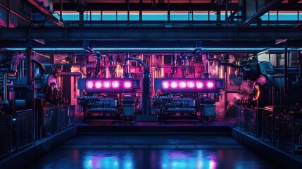 Fototapeta premium Neon Industrial Dreamscape: A Futuristic Factory Interior