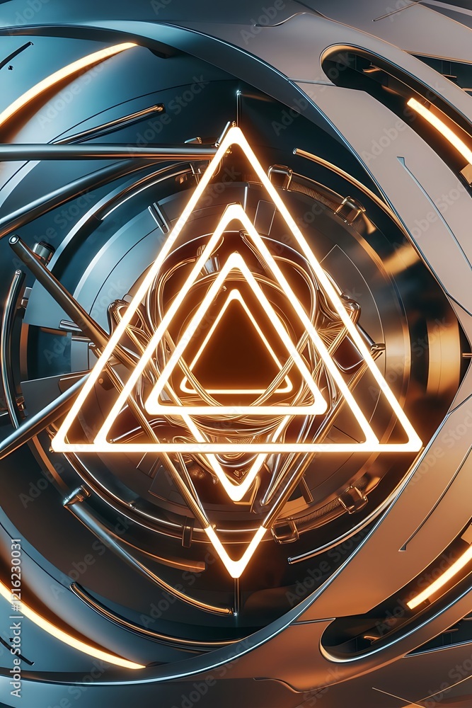 Aufkleber abstract 3d metallic technology background with neon light golden glowing a combination triangle pat