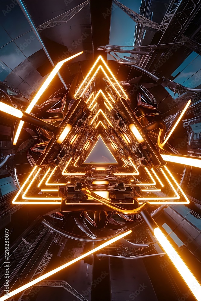 Aufkleber abstract 3d metallic technology background with neon light golden glowing a combination triangle pat