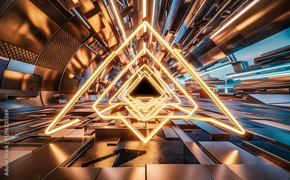 Aufkleber abstract 3d metallic technology background with neon light golden glowing a combination triangle pat